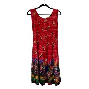 Boho Tropical Dolphin Fish Print Rayon Crinkle Stretch MIDI Dress Multi NEW
